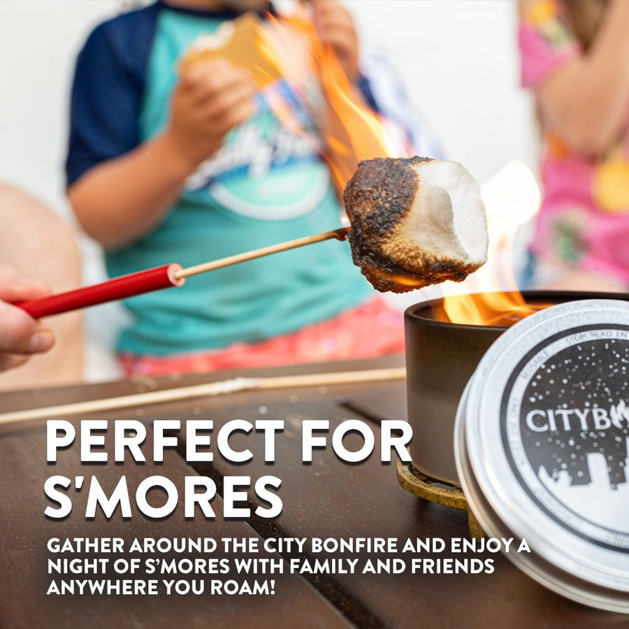 Toasted marshmallow with portable-bonfire s’mores serving graphic