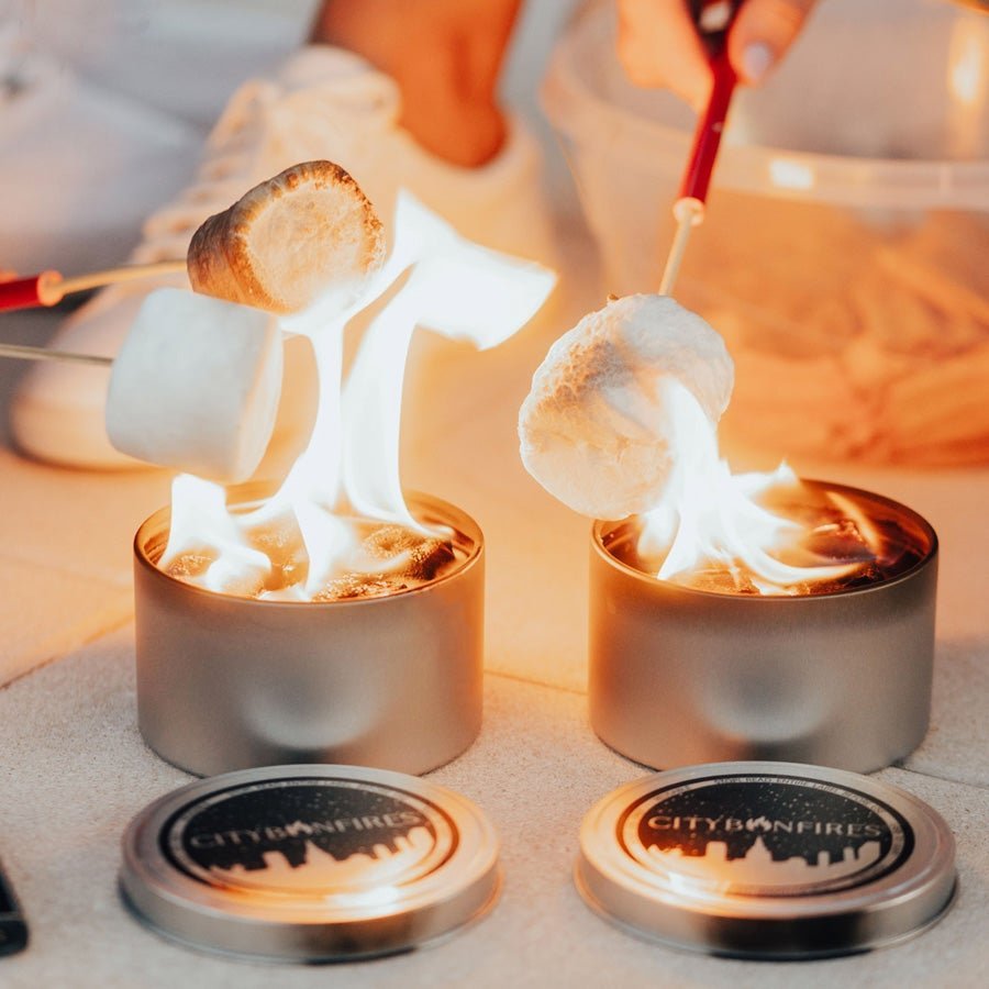 Two lit portable bonfires with marshmallows roasting above them