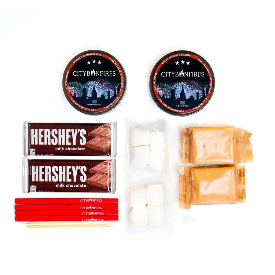 USA Family Pack contents with two bonfires, crackers, marshmallows and chocolate