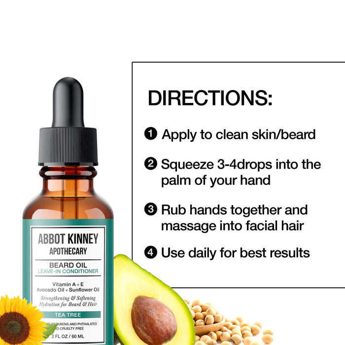 Softening Beard and Mustache Oil, Strengthens and Conditions, Tea Tree, 2 oz by Abbot Kinney Apothecary Men's Grooming Los Angeles Brands 