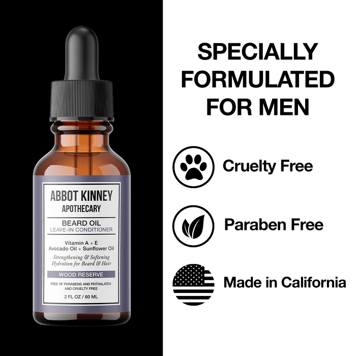 Softening Beard and Mustache Oil, Strengthens and Conditions, Wood Reserve, 2oz by Abbot Kinney Apothecary Men's Grooming Los Angeles Brands 