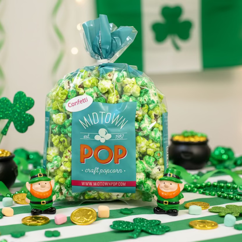 Green confetti popcorn displayed with St. Patrick's Day decorations