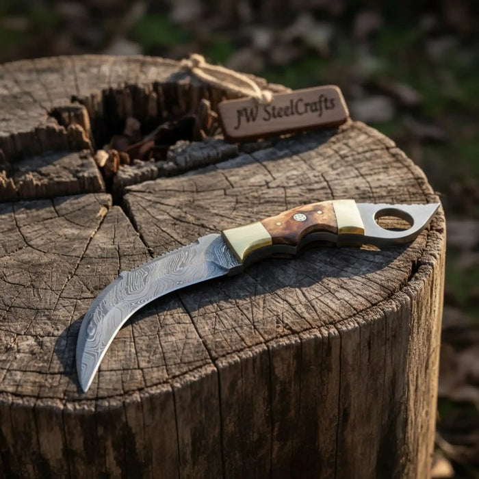 Damascus Steel Knife with Burned Bone Handle & Brass Bolster