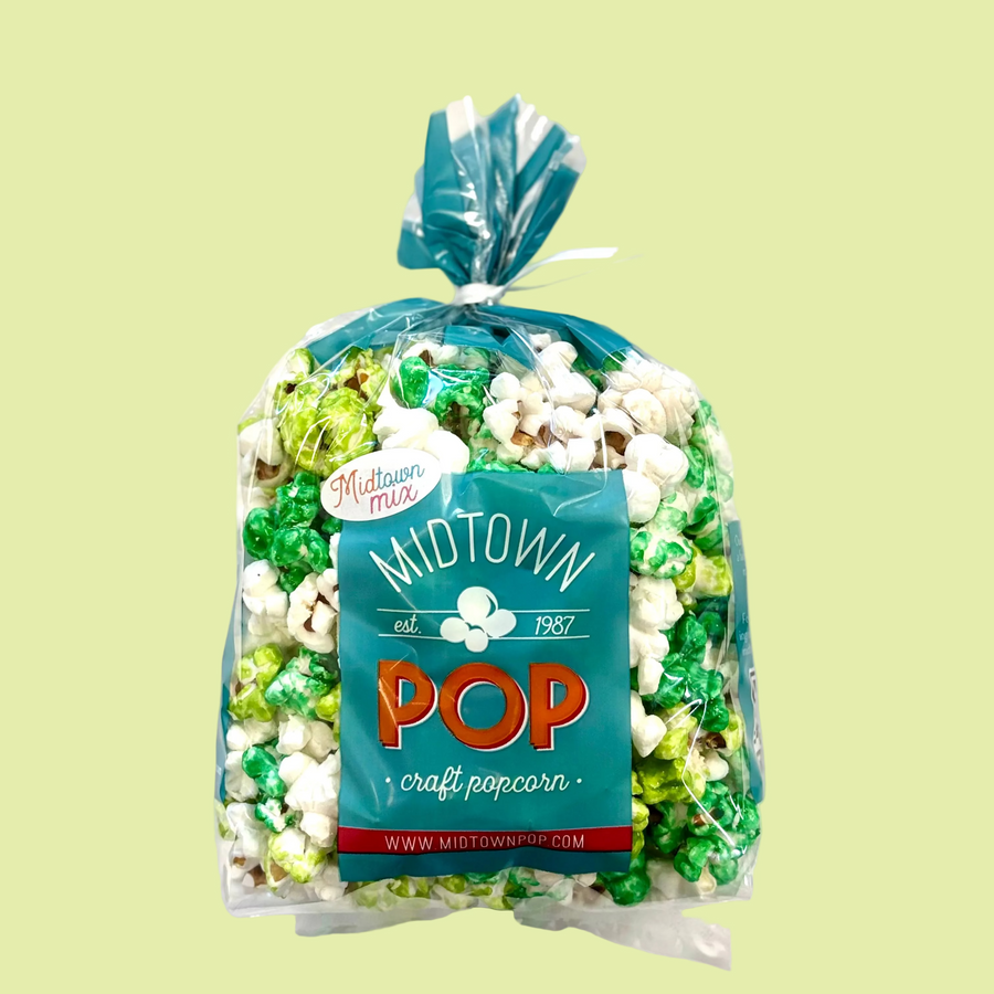 Bag of green and white St. Patrick's Day popcorn mix