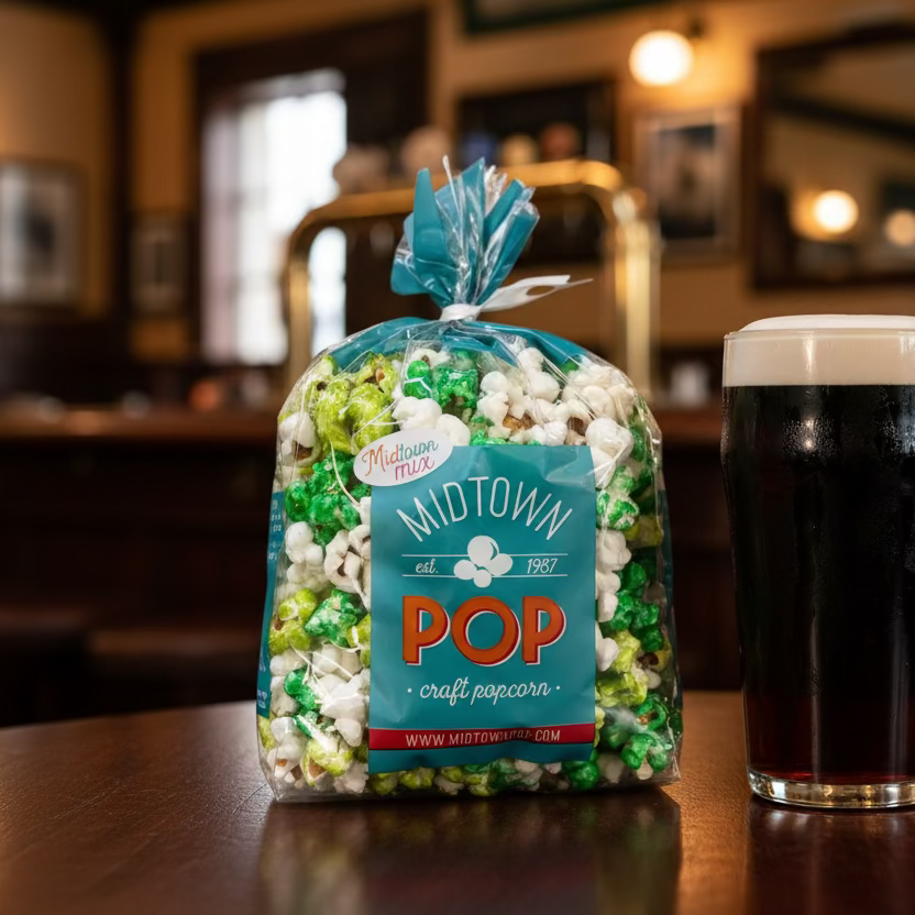 Green and white popcorn mix beside a drink on a pub table
