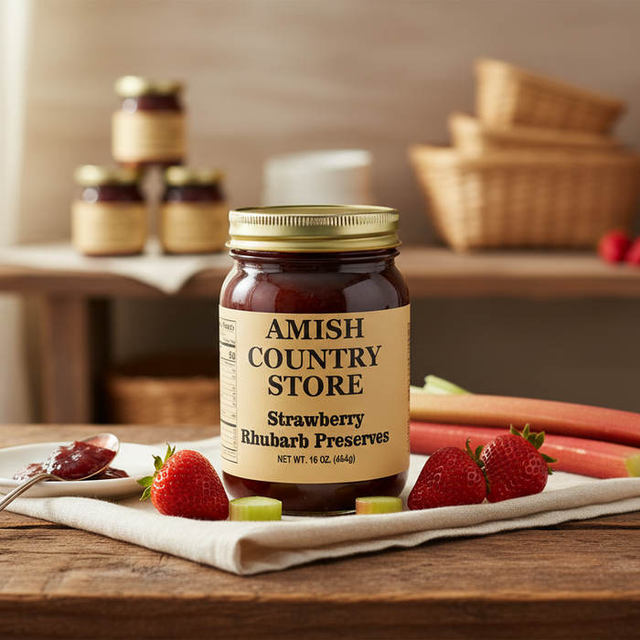 Strawberry rhubarb preserves jar with toast, strawberries, and rhubarb in a styled serving scene.