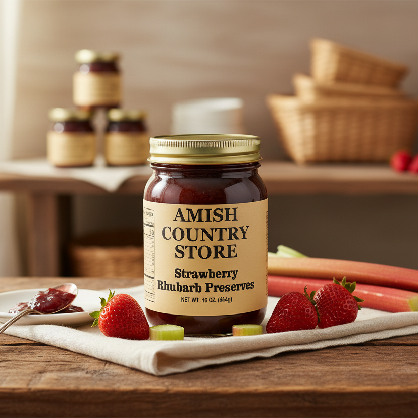 Strawberry rhubarb preserves jar with toast, strawberries, and rhubarb in a styled serving scene.