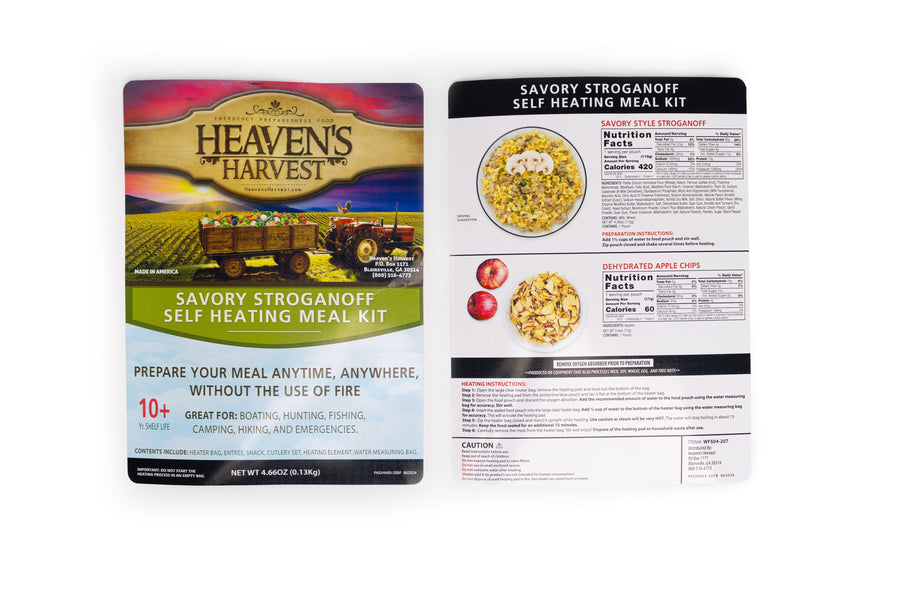 Front and back labels for the Savory Stroganoff self-heating meal kit