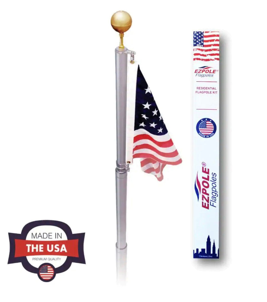 Liberty telescoping flagpole kit with American flag, gold ball finial and EZPOLE packaging