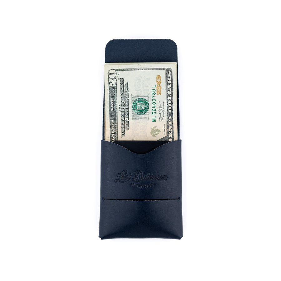 Navy Franklin leather wallet, open cash wrap with U.S. bills