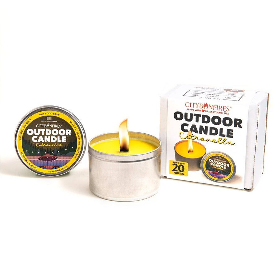 Citronella outdoor candle with labeled lid and box