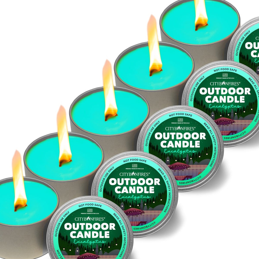Five eucalyptus outdoor candles with labeled lids