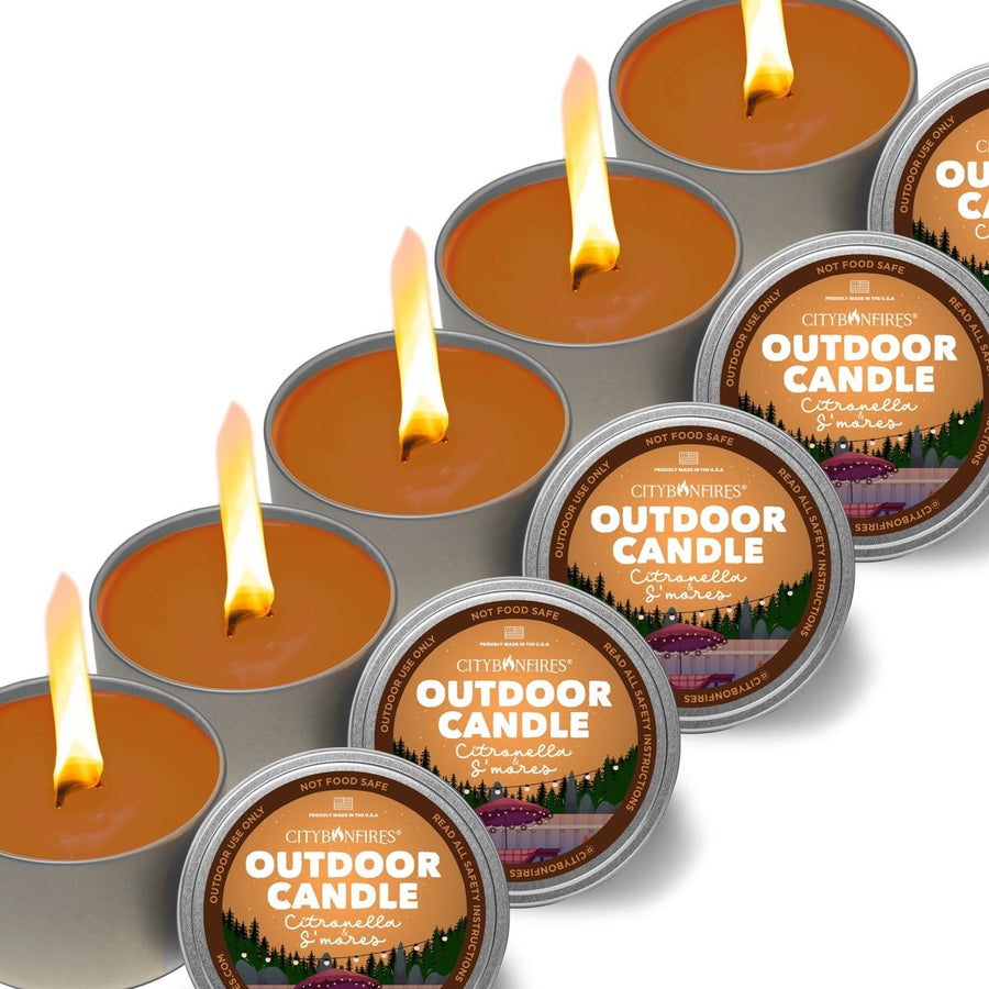 Five s’mores-fragrance citronella outdoor candles with lids
