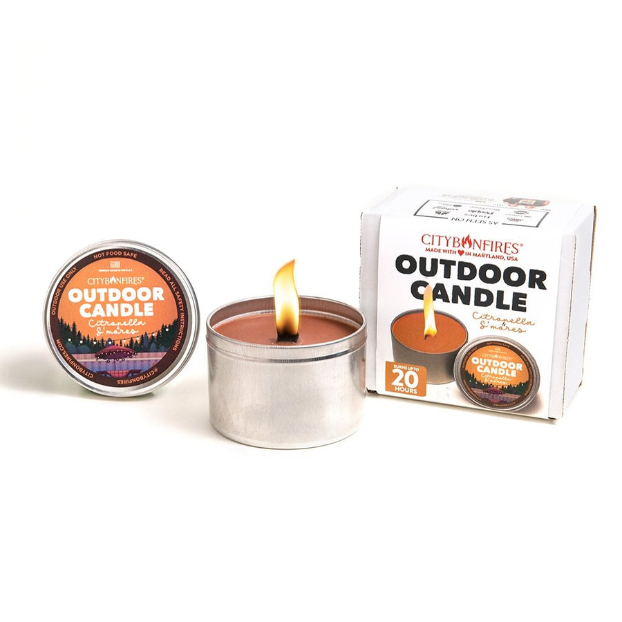 S’mores-fragrance citronella candle with labeled lid and box