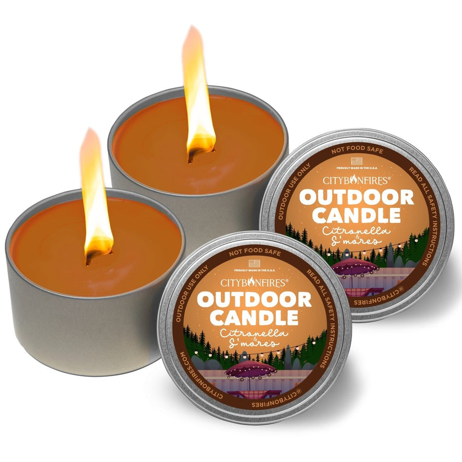 Two s’mores-fragrance citronella outdoor candles with lids