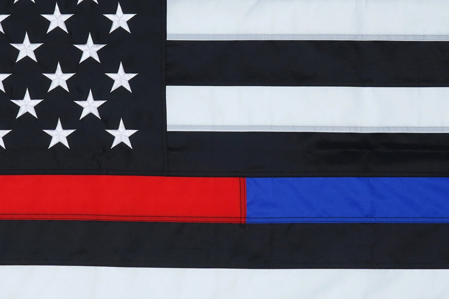 Thin Red and Blue Line flag emblem and stitching in close-up