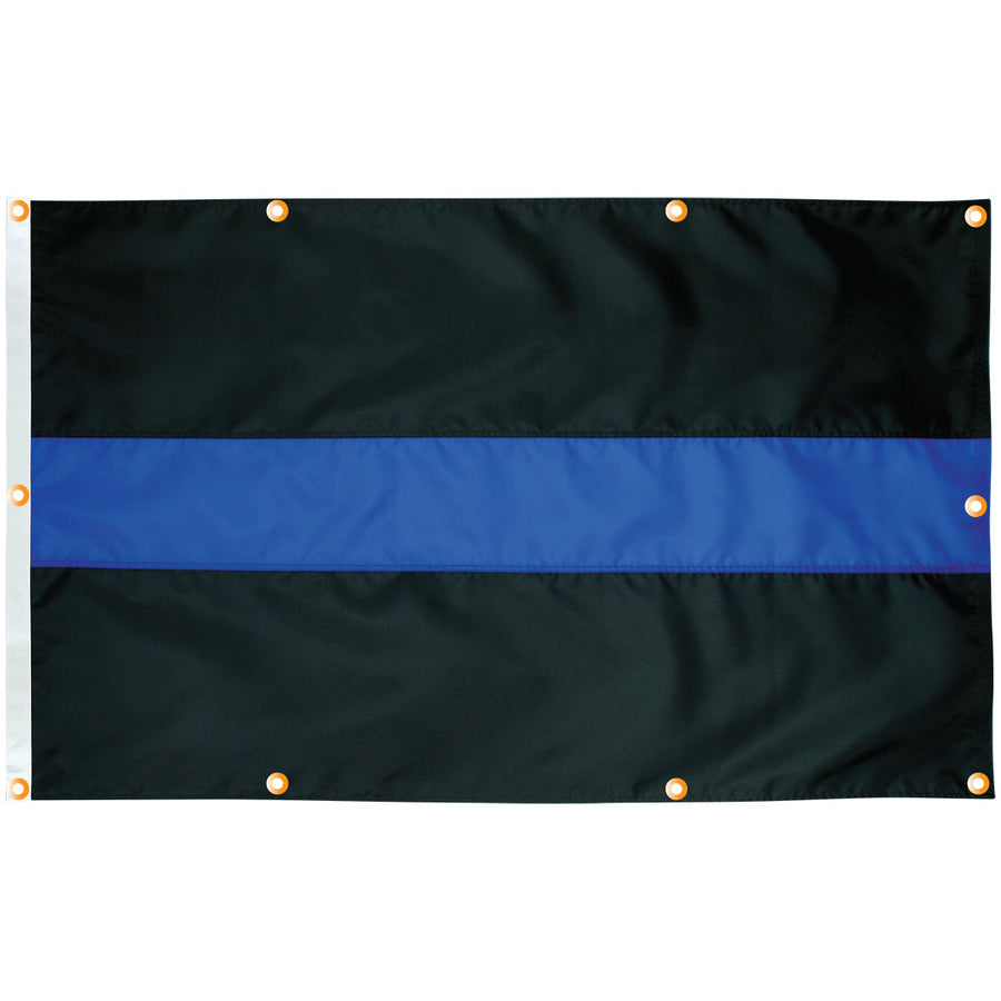 Thin Blue Line police wall flag with sewn blue stripe and brass grommets