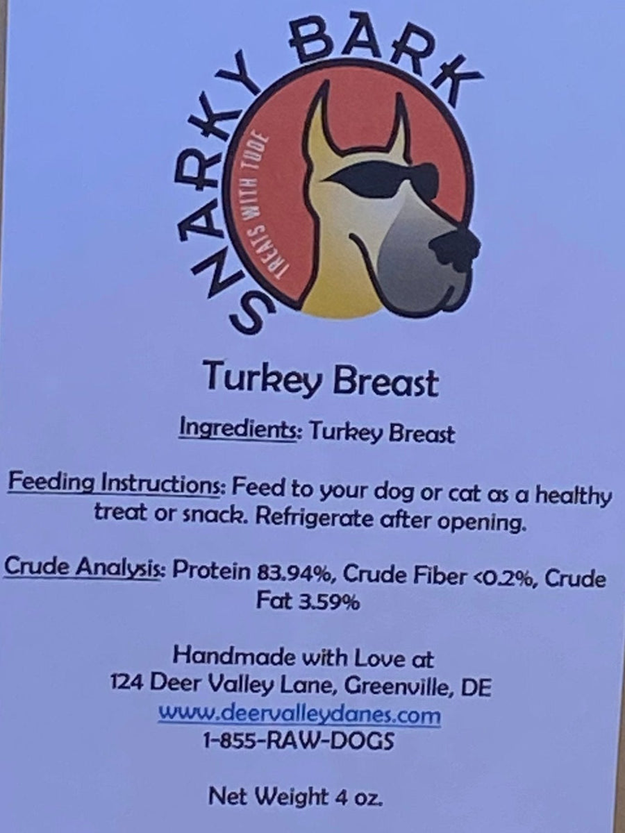 Turkey breast jerky label with ingredients, crude analysis and storage instructions