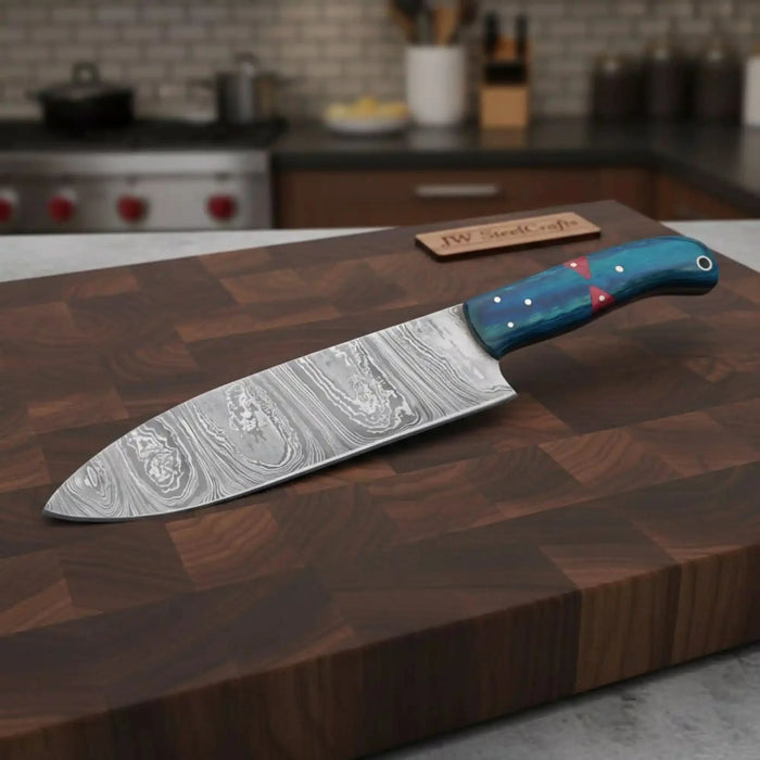 8-Inch Gyuto Chef Knife Twisted Damascus Blade with Blue & Red Pakka Wood Handle (Full Tang, Hand-Forged)