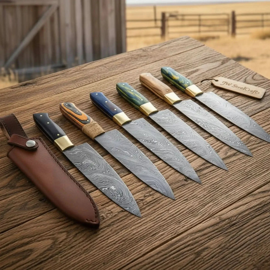 6-Piece Twisted Damascus Chef Knife Set with Multi-Color Handles
