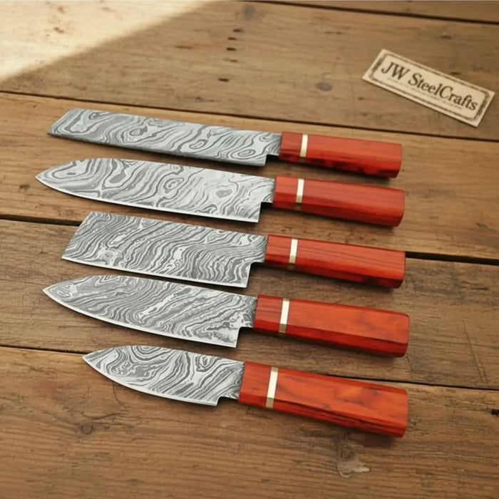 5-Piece Twisted Damascus Japanese Knife Set with Red Pakka Wood Handles