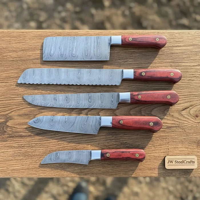 10" Chinese Cleaver & 13" Carving Knife Set — Twisted Damascus Steel with Red Pakka Wood Handles | JW SteelCrafts