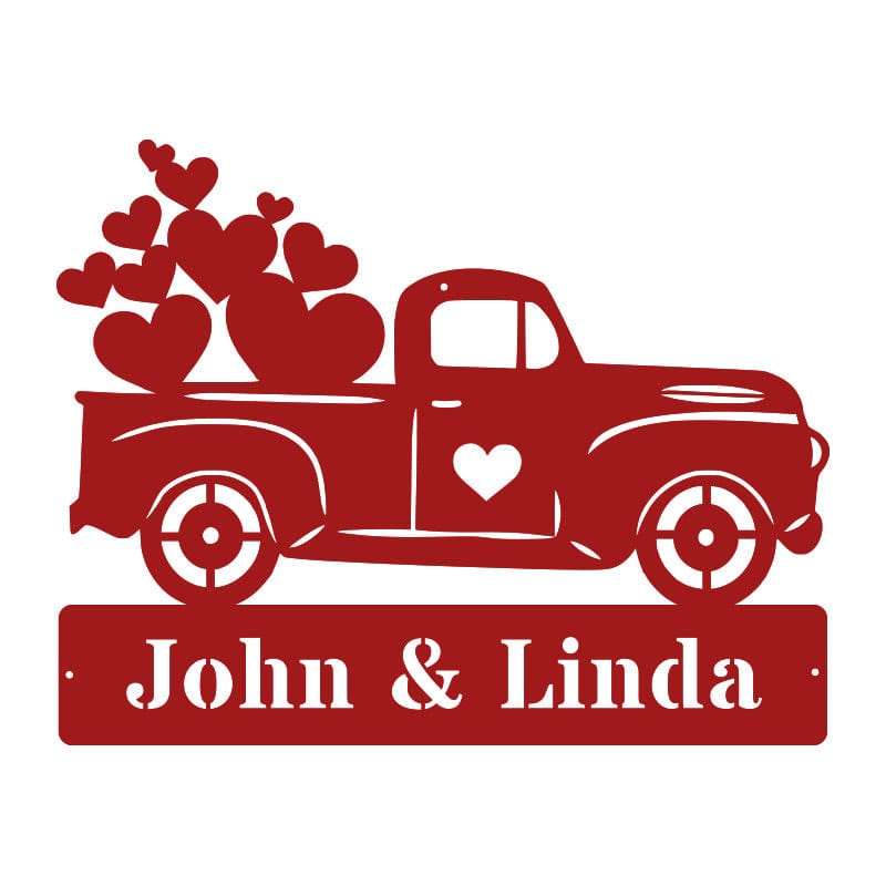 Valentine Truck Monogram with Hearts Metal Sign