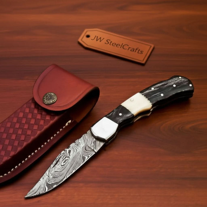 Handmade Damascus Folding Pocket Knife – Engraved & Plain Handle Variants | Leather Sheath Included
