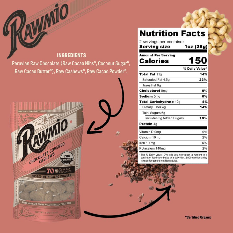 Dark chocolate-covered cashews served as a vegan snack