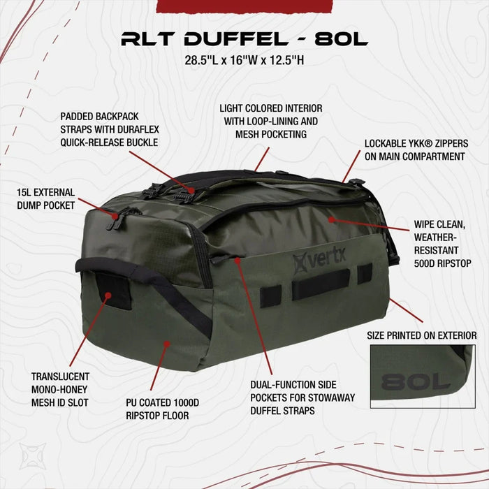 Vertx RLT 80L | Water-Repellent 80L Mission Duffel at Just 3.9 lbs | Built for Rugged Terrain
