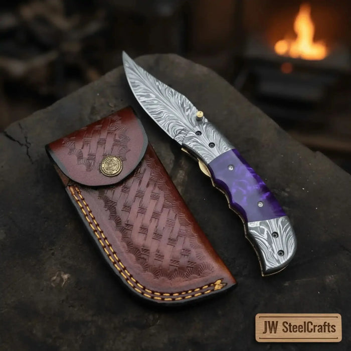 Feather Pattern Damascus Folding Knife with Purple Resin Handle