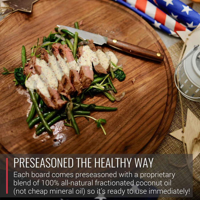 Preseasoned food safe cutting board with steak and string beans