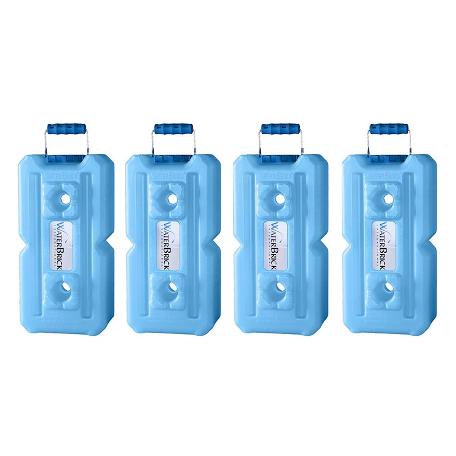 Four blue WaterBrick 3.5-gallon water containers