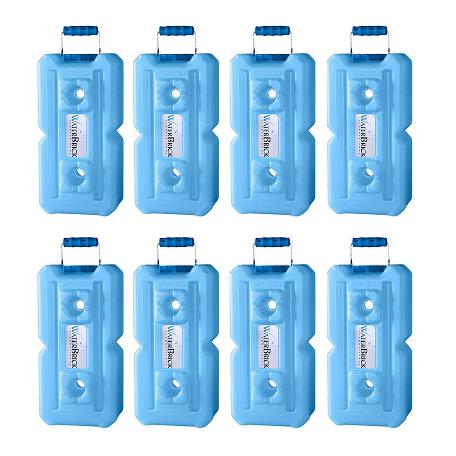 Eight blue WaterBrick 3.5-gallon water containers