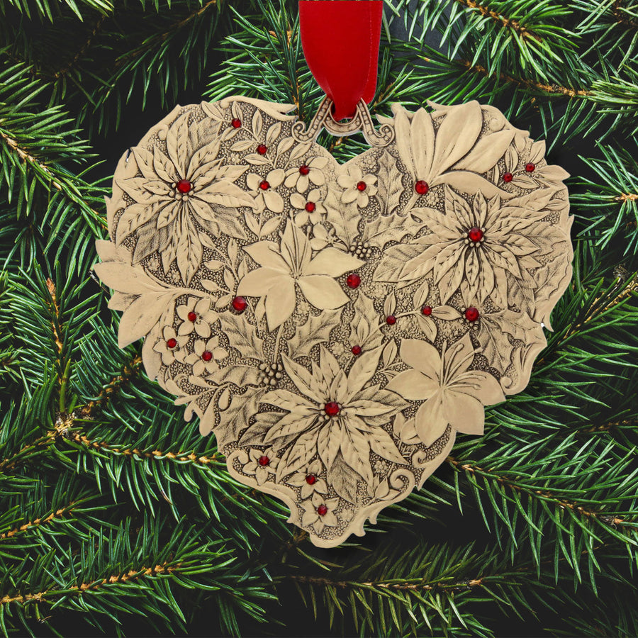 Styled display featuring Seasons of Love Winter Floral Heart Ornament with Crystals - Bronze