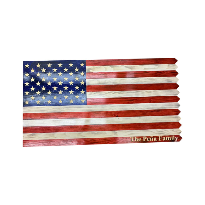 Personalized wooden American picket fence flag with ground stakes made in USA