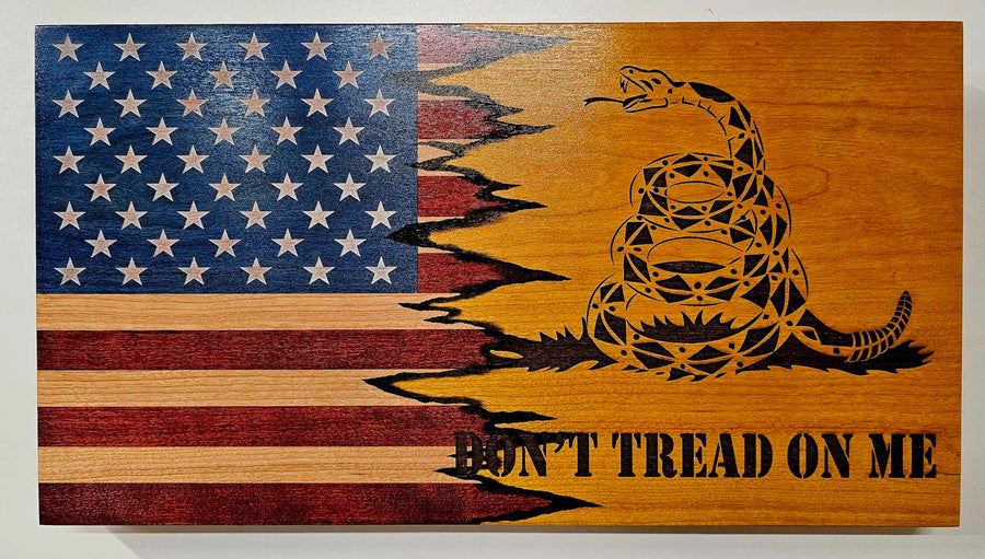 Handcrafted wooden Don't Tread on Me Gadsden flag wall art made in USA from solid cherry hardwood by U.S. veterans