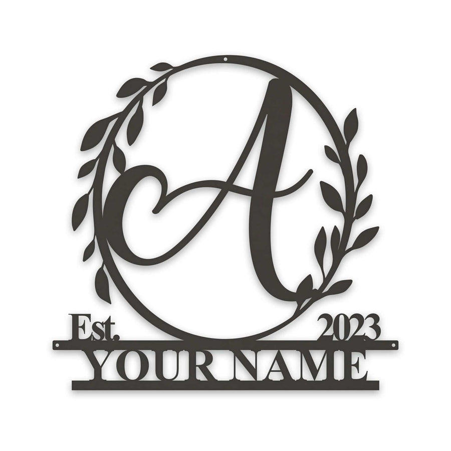Wreath Monogram Name & Date Metal Sign