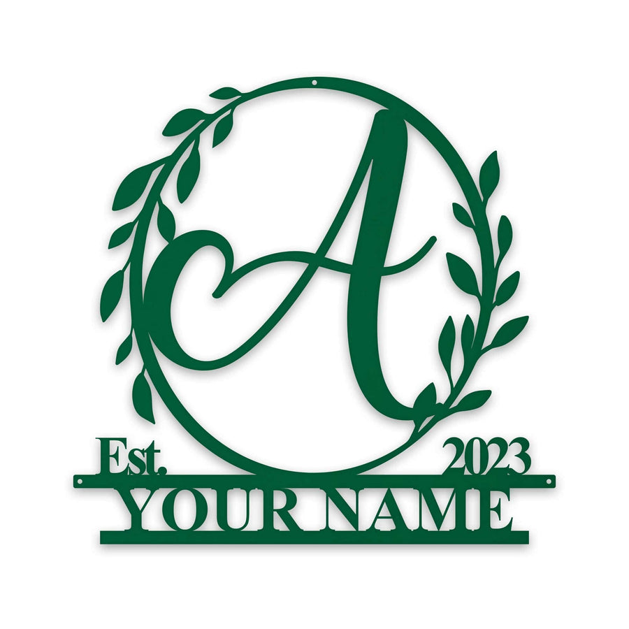 Wreath Monogram Name & Date Metal Sign